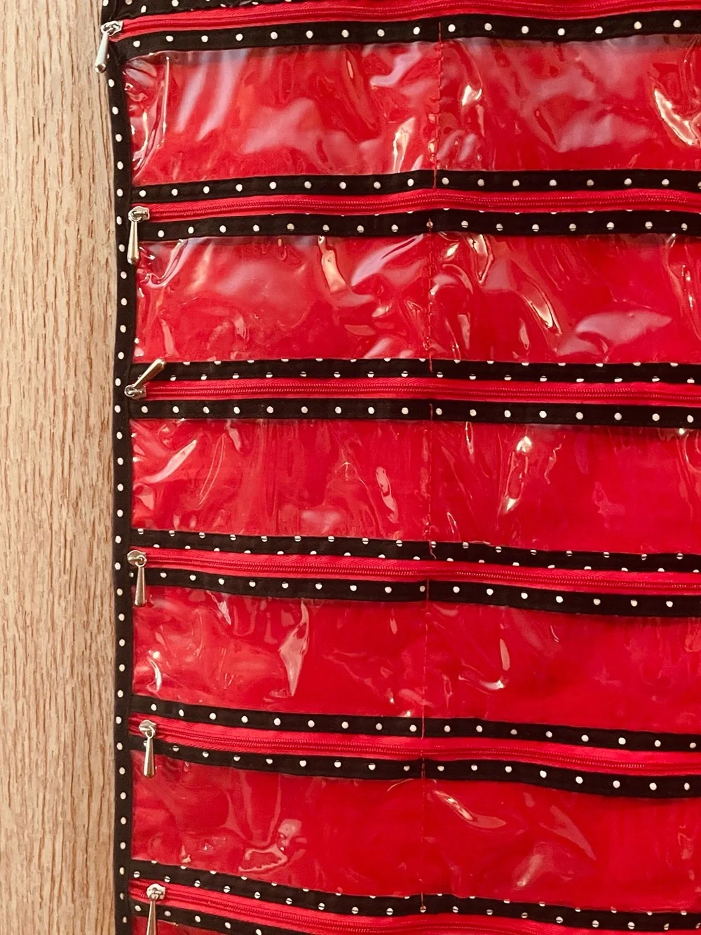 Red Polka-Trim Hanging Jewelry Organizer - Stylish Storage